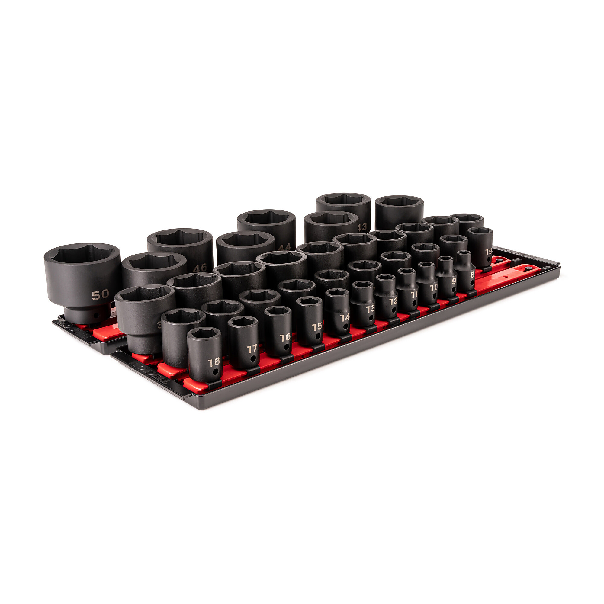 TEKTON 1/2 Inch Drive Shallow 6-Point Impact Socket Set with Rails and Tray, 39-Piece (8 - 50 mm) | SID92112